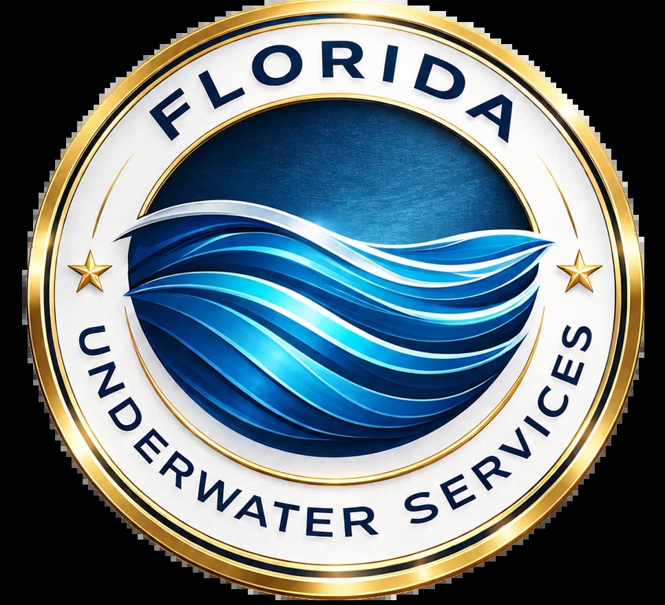 Florida Underwater Services official seal with blue water waves, gold border, and two stars