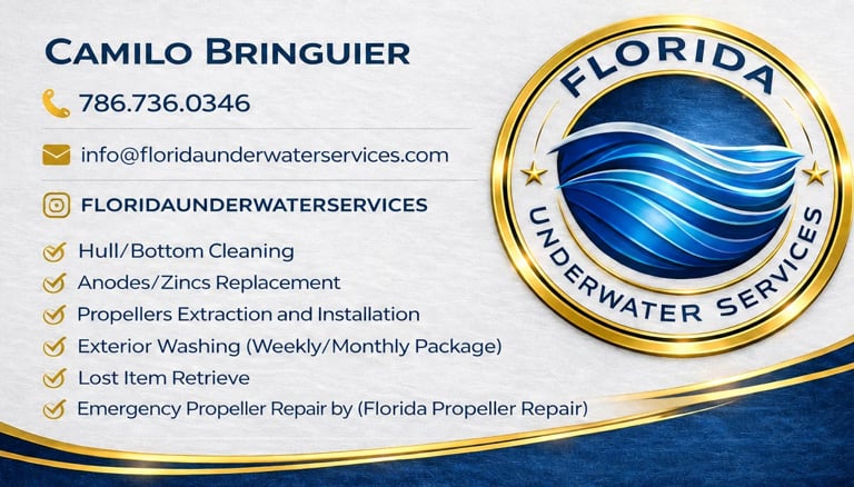 Business card for Camilo Bringuier, Florida Underwater Water Services, featuring contact info and list of marine maintenance services